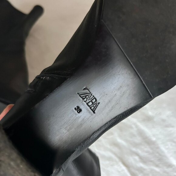 ZARA Black genuine Leather Block Heeled Soft Ankle Boots stretch US 7.5 EUR 38 - Picture 7 of 11